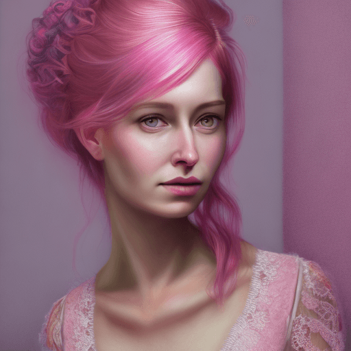 AI generated: A woman wearing pink hair in a pink lace dress, in the style of hyperrealism and photorealism, UHD i...