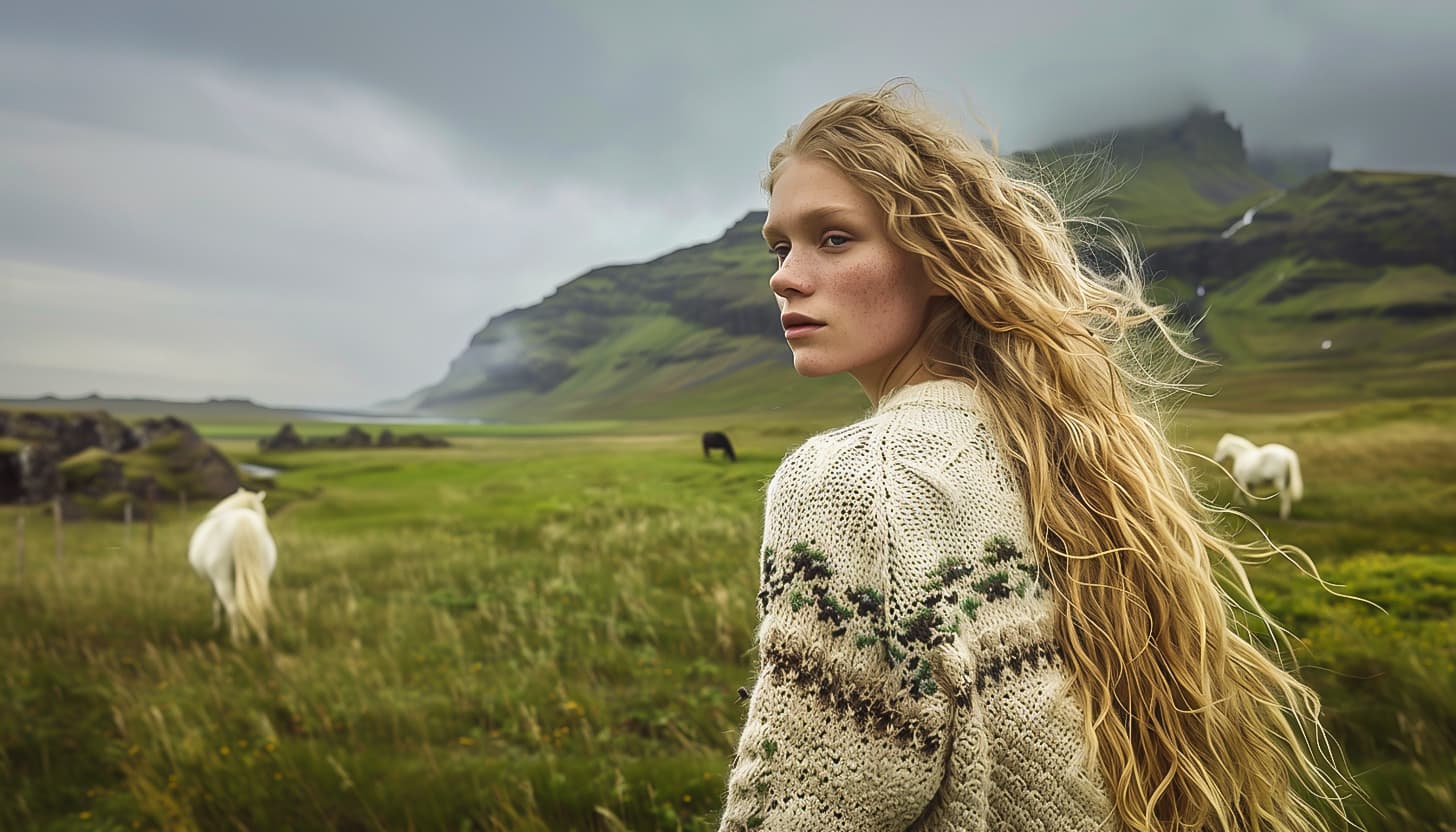 AI generated: a young blond icelandic walking through a mos green field, vogue fashion photo, woollen sweater with...