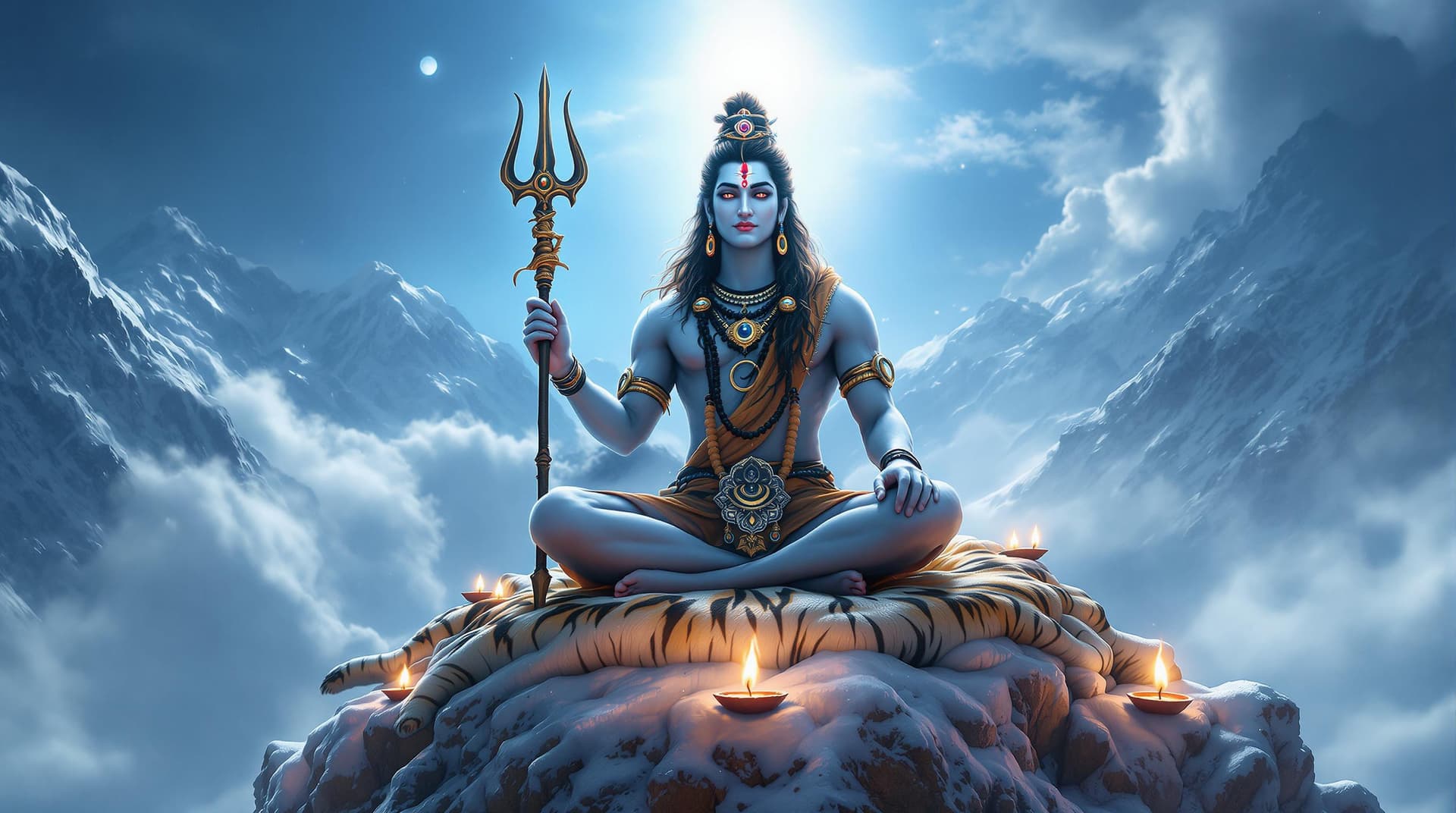 AI generated: "Create a cinematic portrayal where Shiva materializes atop a snow-capped Himalayan outcrop, seated ...