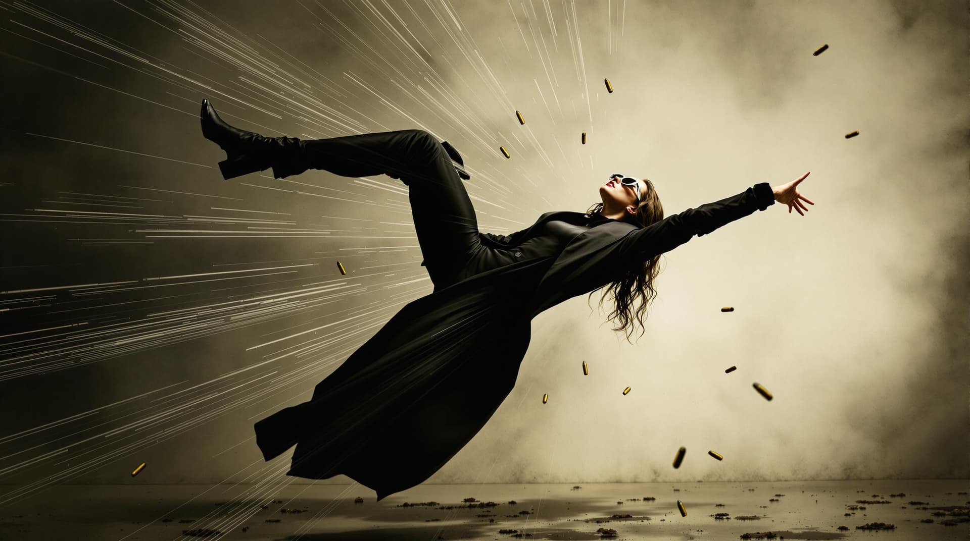 AI generated: It's a dynamic and dramatic scene with a Woman dressed in a black form-fitting outfit including a sl...
