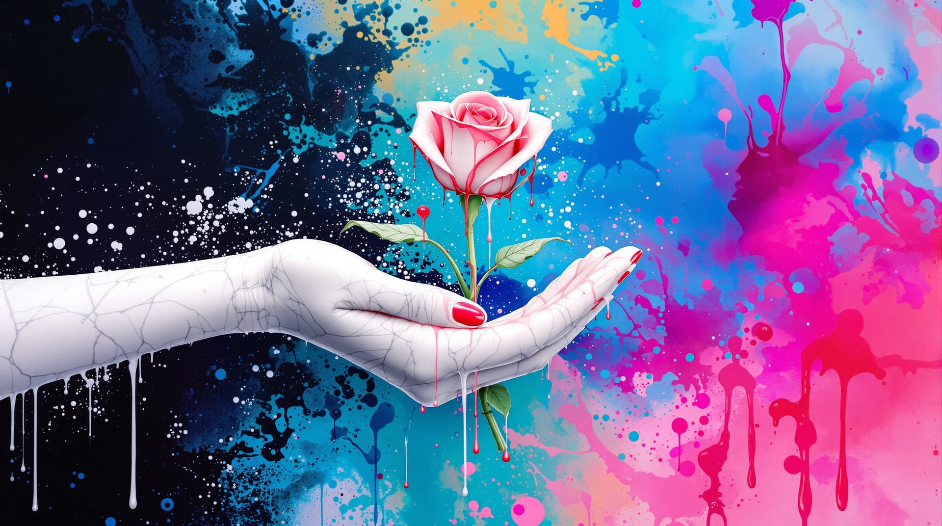 AI generated:  random pose,  two hands white marble skin, giving   a   rose ,the flower is made of dripping liquid...