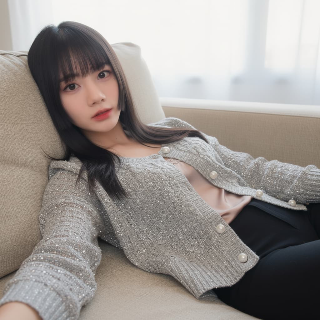 AI generated: A photorealistic gravure-style portrait of a beautiful young Asian woman reclining on a beige sofa. ...