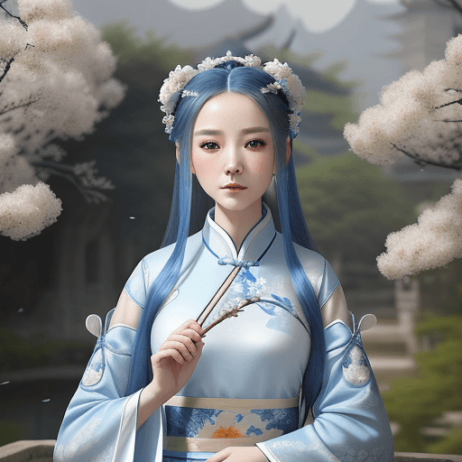 AI generated: A woman in a blue and white dress with flowers in her hair, hanfu, palace, girl in hanfu, blue hanfu...