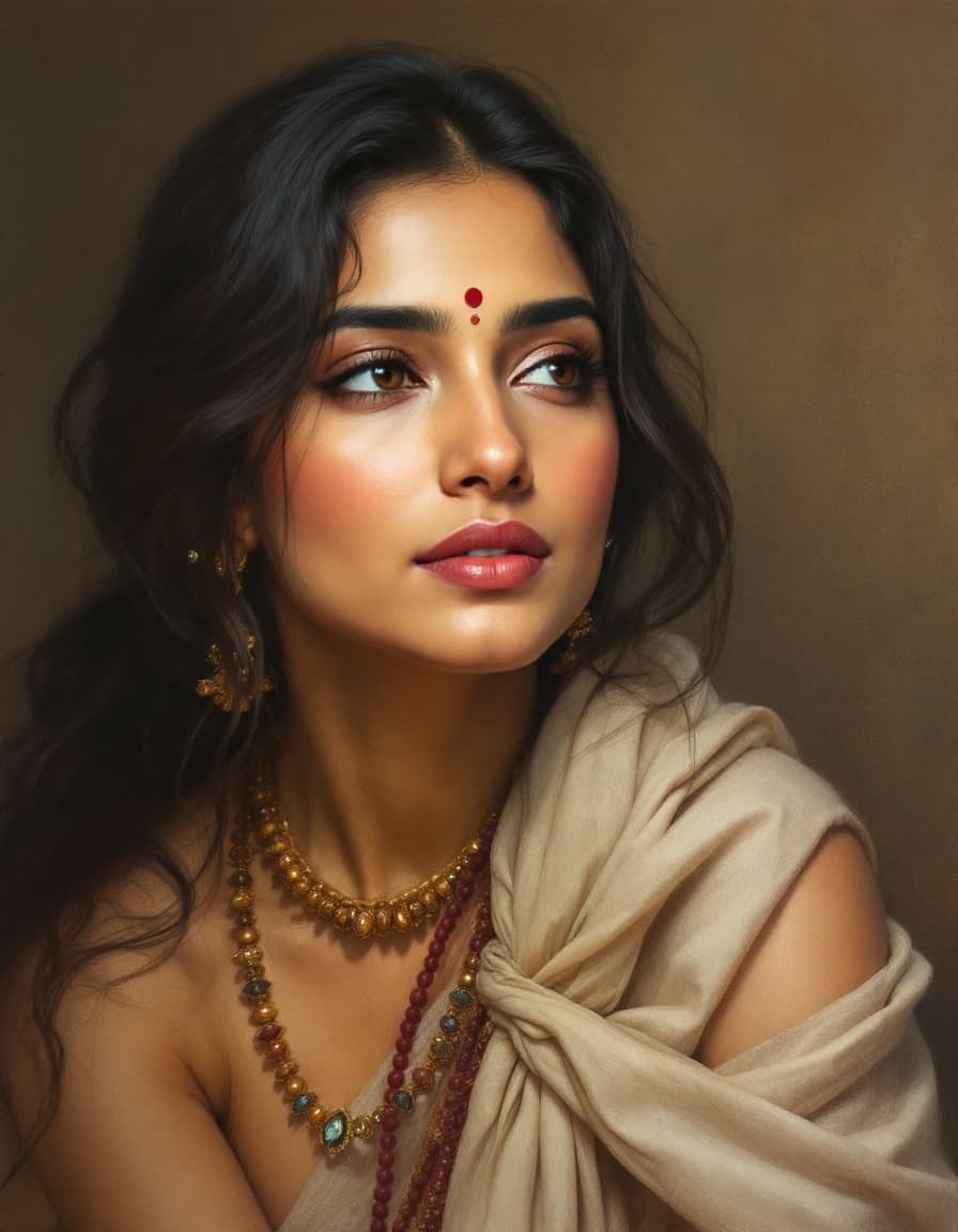 AI generated: An Indian woman in her late 20s, exuding a serene and contemplative mood, sits for a fine art portra...