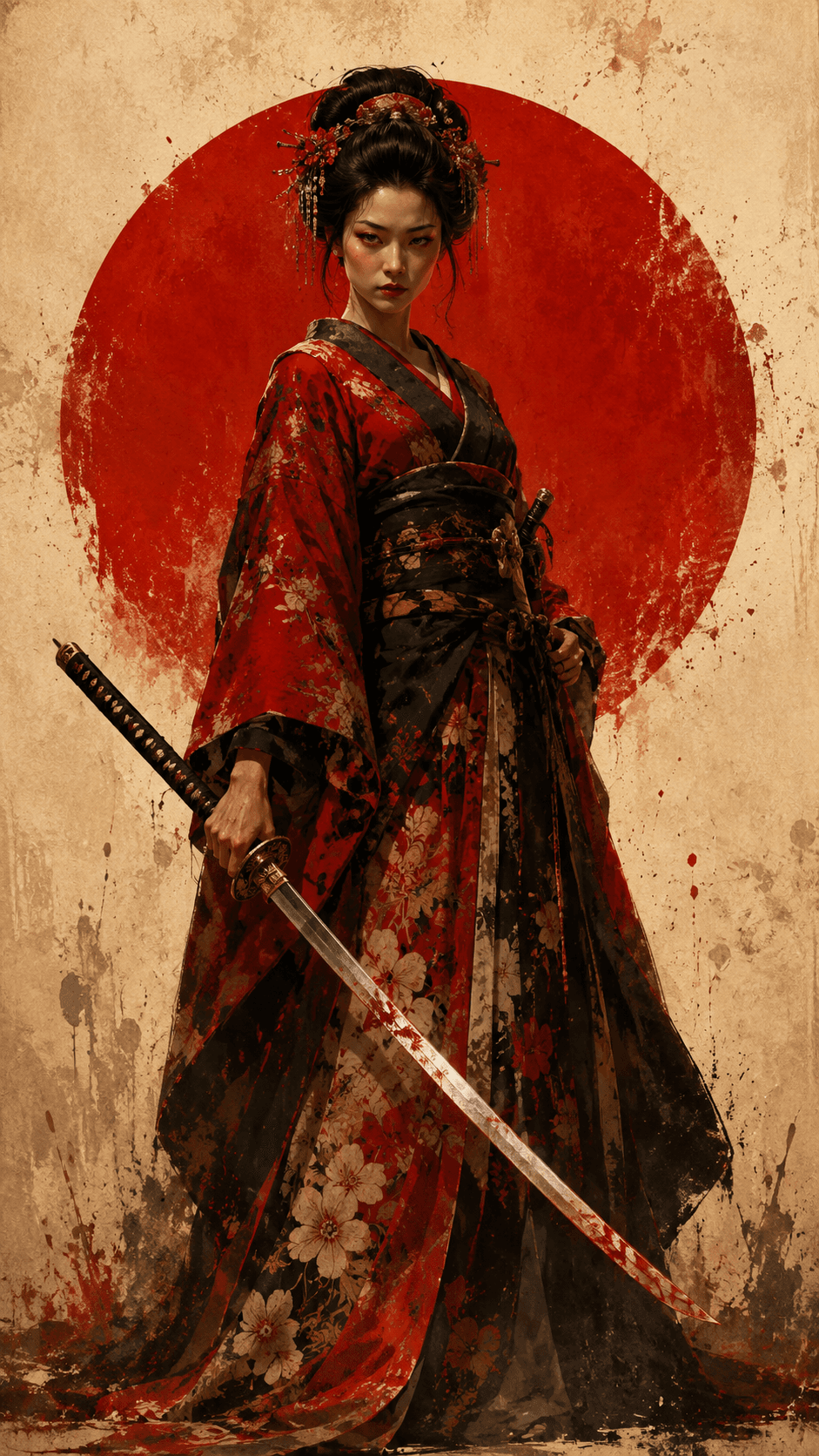 AI generated: A geisha, format 9:16, Ultra-detailed cinematic character poster illustration, contemporary neo-vint...