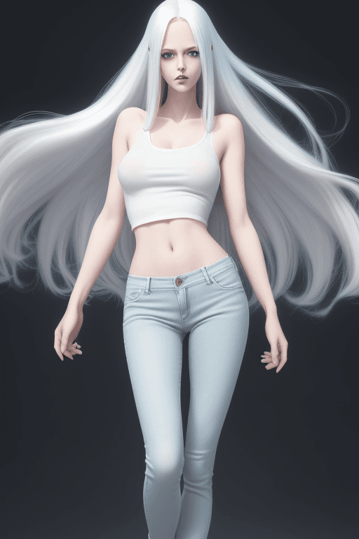 AI generated: low angle dolly-shot, woman, anime, extreme long white hair blue-eyes, cropped top and jeans, toned ...