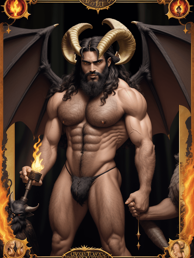 AI generated: a ((tarot card)) depicting ((The Devil with very hairy chest area)), ((huge muscular beast hairy bod...