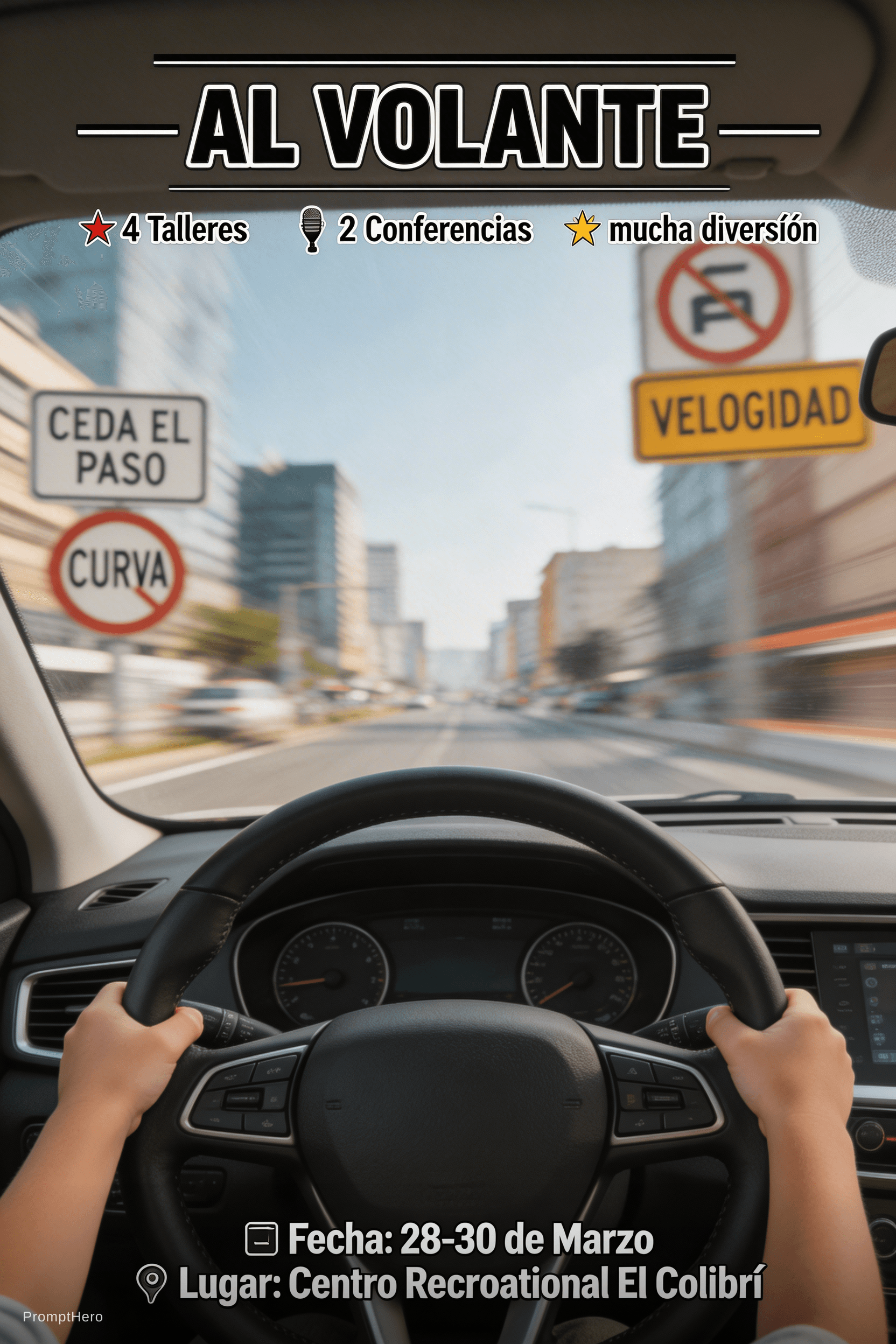 AI generated: A captivating flyer showcasing motorsports, offering: 4 Talleres, 2 Conferencias y mucha diversión. ...