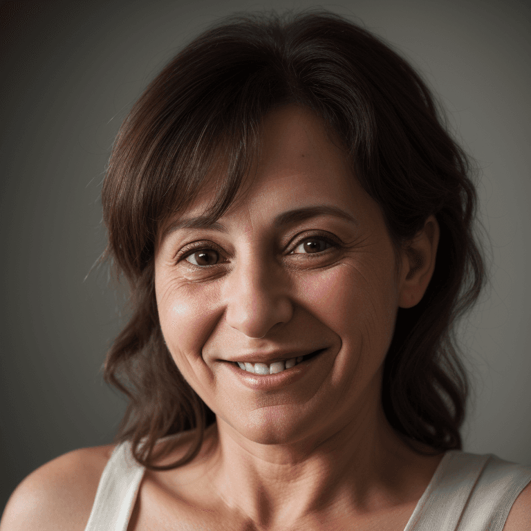AI generated: hyper realistic headshot photo of a 40 year old, jewish setler woman, looking into the camera, smili...