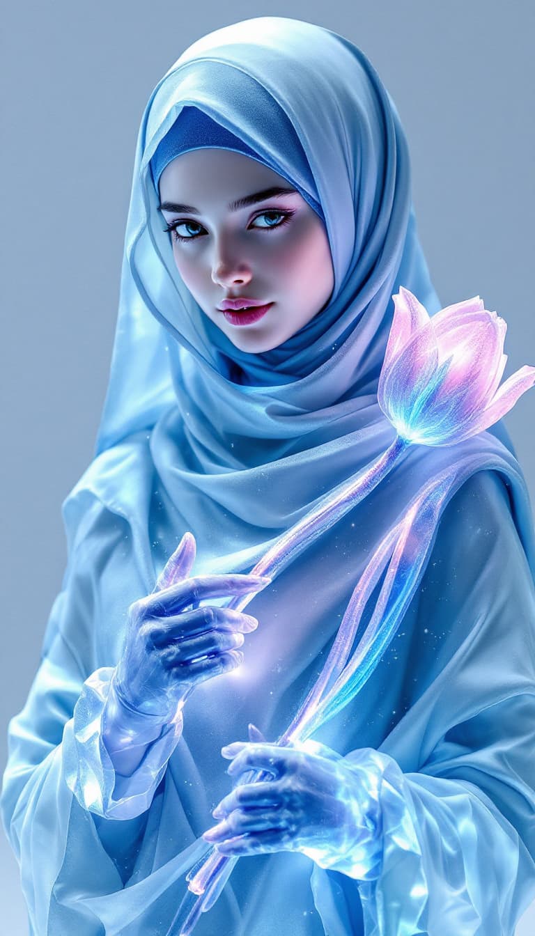 AI generated: Ultra-realistic and ultra-detailed ice sculpture of a young, beautiful Persian woman wearing a hijab...