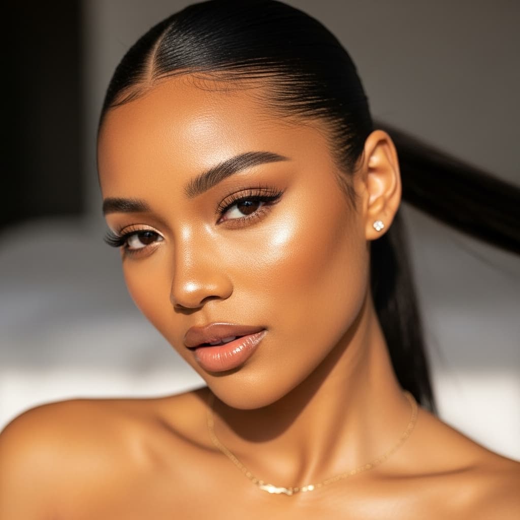AI generated: an extremely desirable attractive model, golden brown skin, black hair ponytail, thin golden necklac...