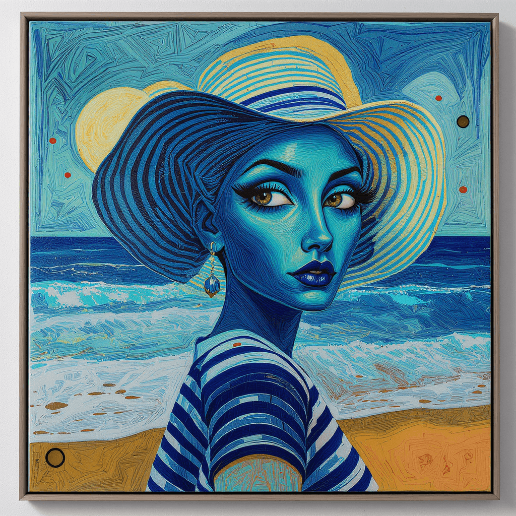 AI generated: dessin animé avec un visage d'une femme avec une casquette type marine et un swet short a rayure ble...