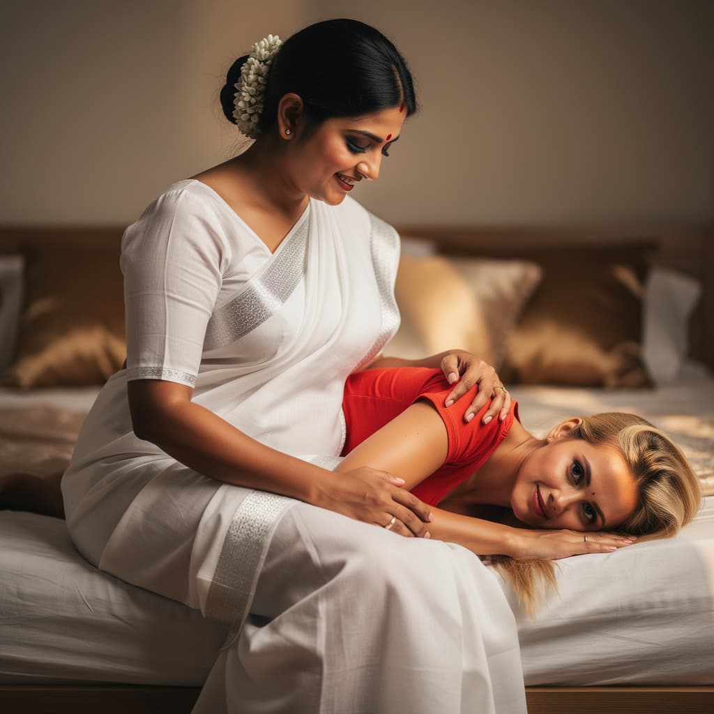 AI generated: A young fit, hot short-hair with blonde colour American woman  wearing a red tee is lying on the lap...