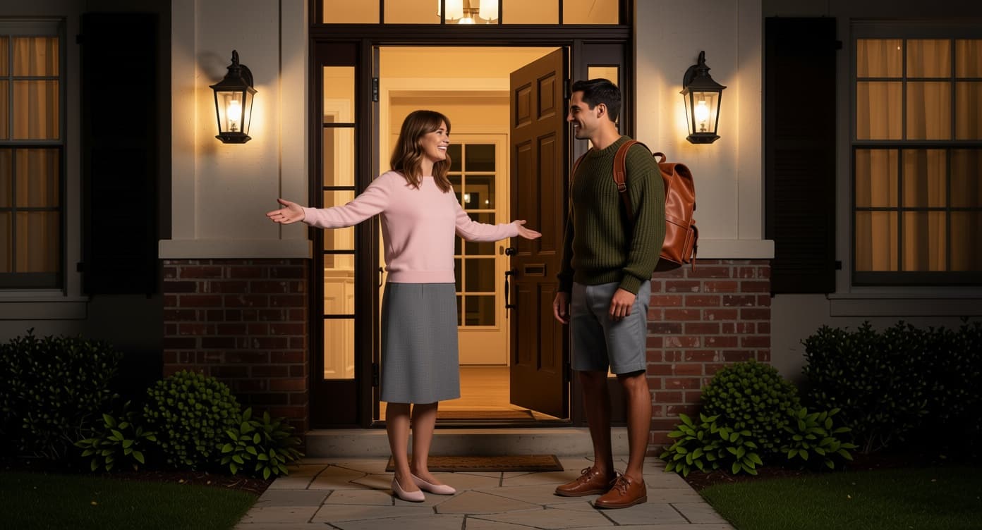 AI generated: At night, the model is at the main door of a beautiful residence at a nice neighborhood. The main do...