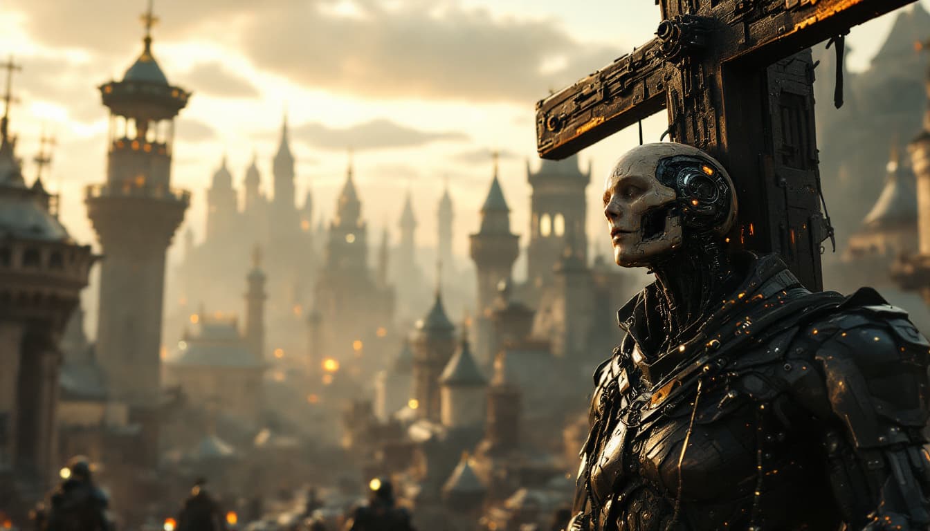AI generated:  a sci-fi. scenery representing futuristic humanoids crucified, againts cyber cross,in a medieval ci...