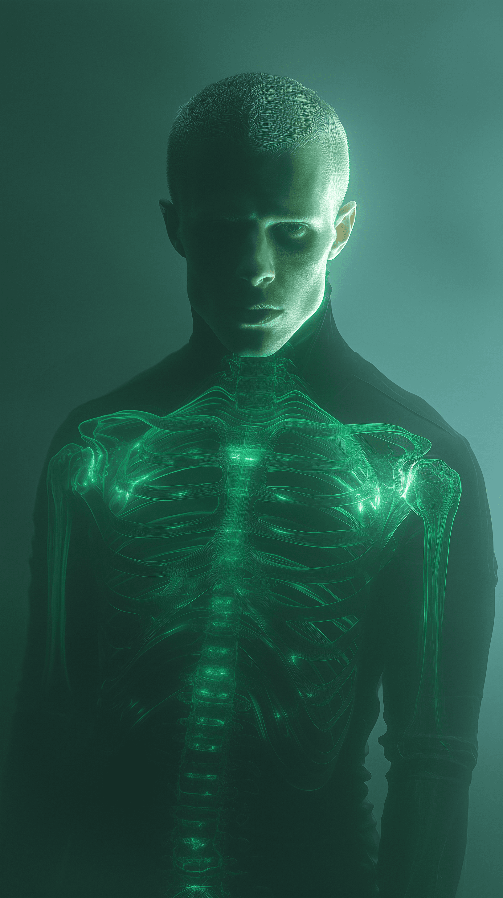 AI generated: surrealism, central composition, man, gaze, upper-body, transparent skin revealing man skull, glowin...