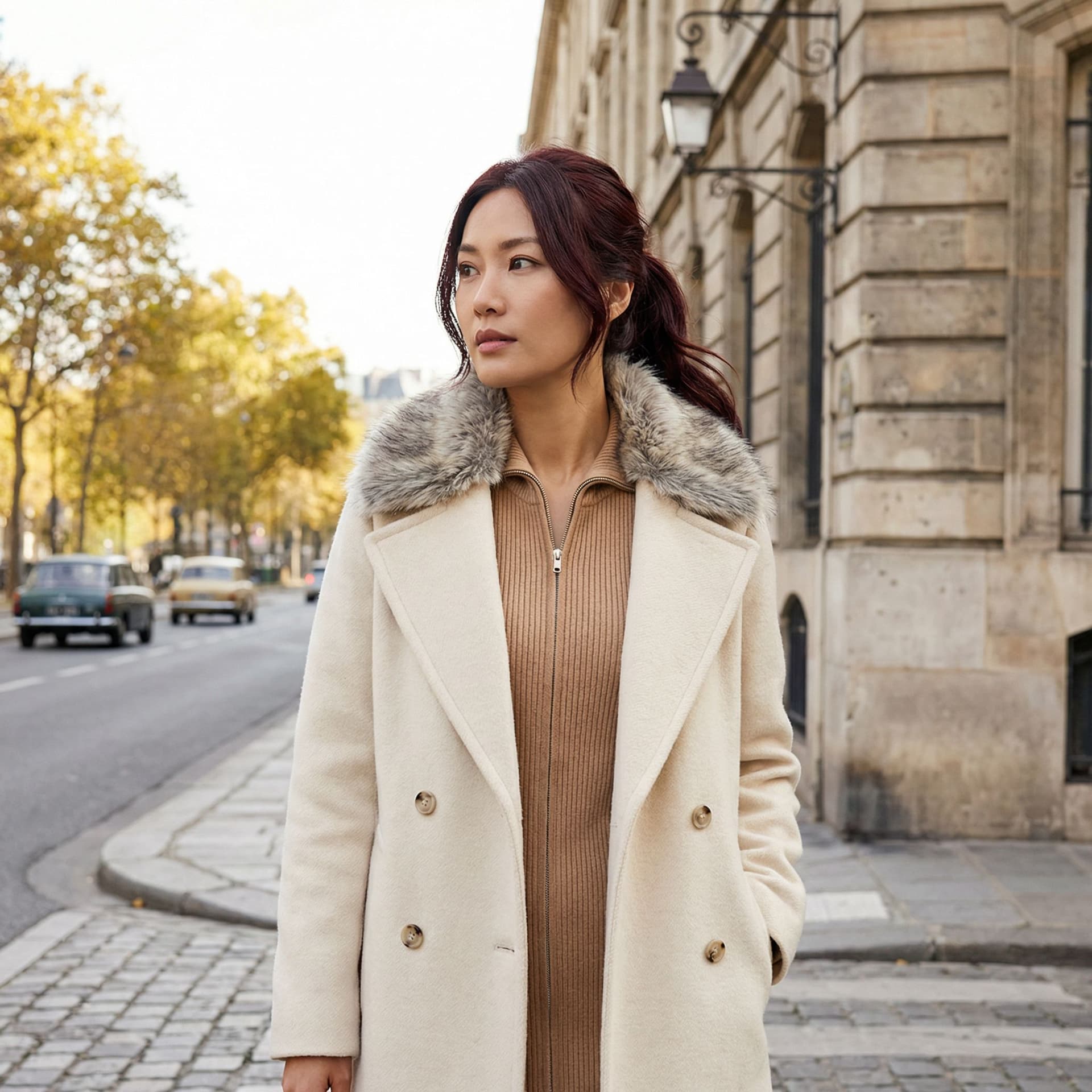 AI generated: A high-quality photorealistic outdoor portrait of an elegant Asian woman with dark mahogany hair in ...