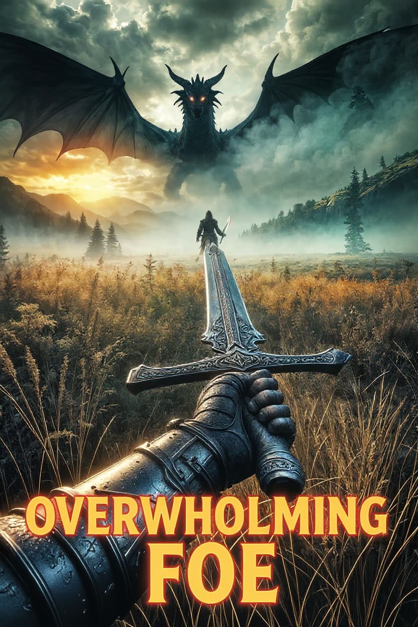 AI generated: Add Title to bottom of Image "Overwhelming Foe" make the text fire colored
