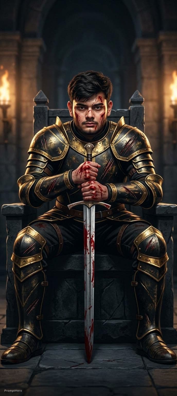AI generated: A man with his golden black armor sitting on the throne both hands at his sword and sword should tou...