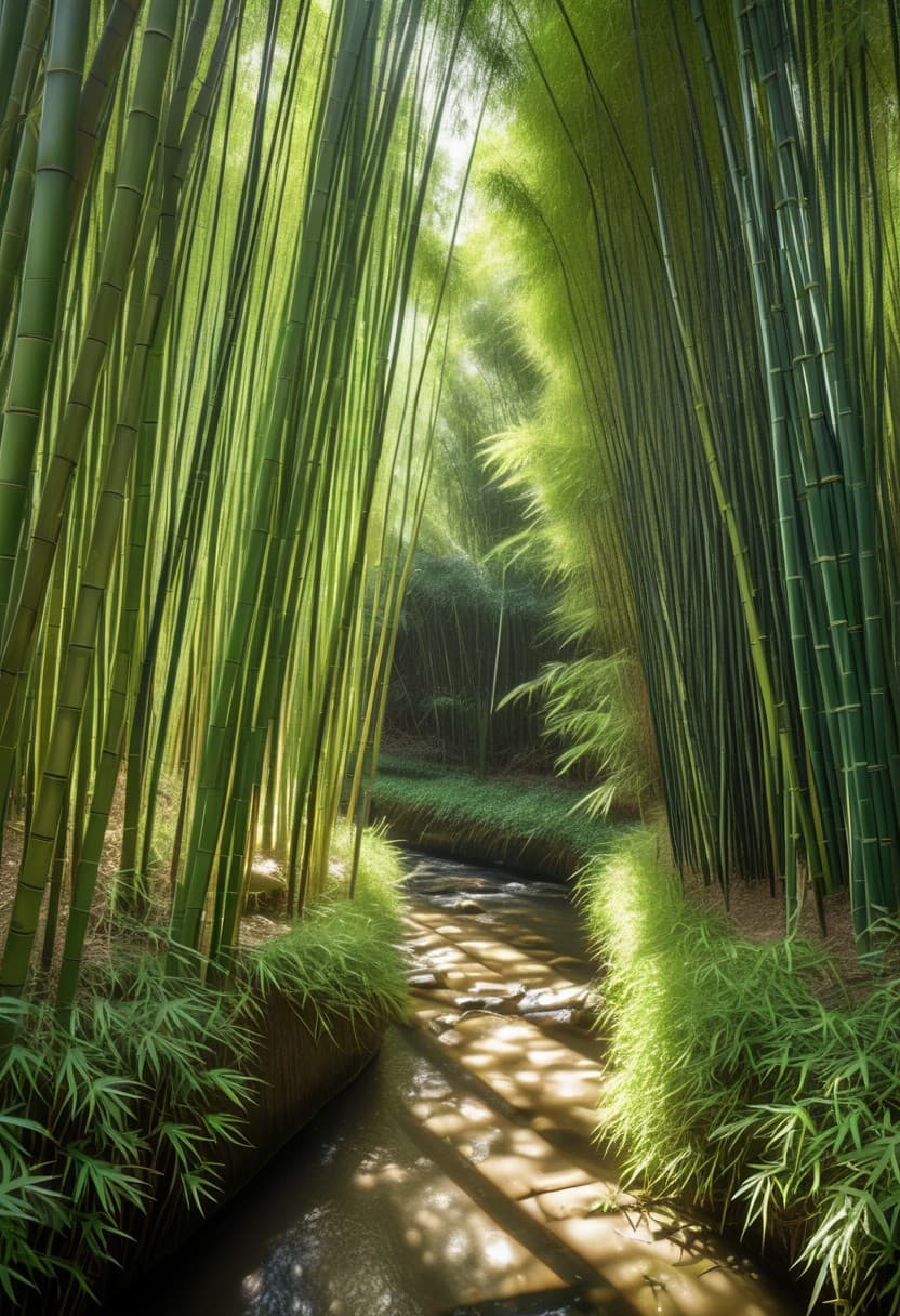 AI generated: A dense bamboo forest with tall, swaying bamboo canes and hidden paths winding through the thick und...