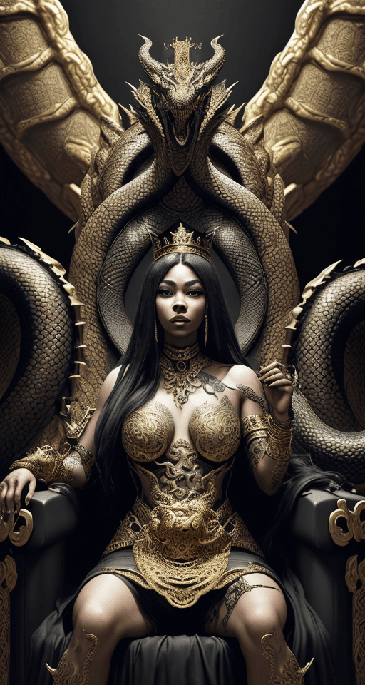 AI generated: A very beautiful queen sitting on a black throne made of gold, with a serpent-dragon like elements a...
