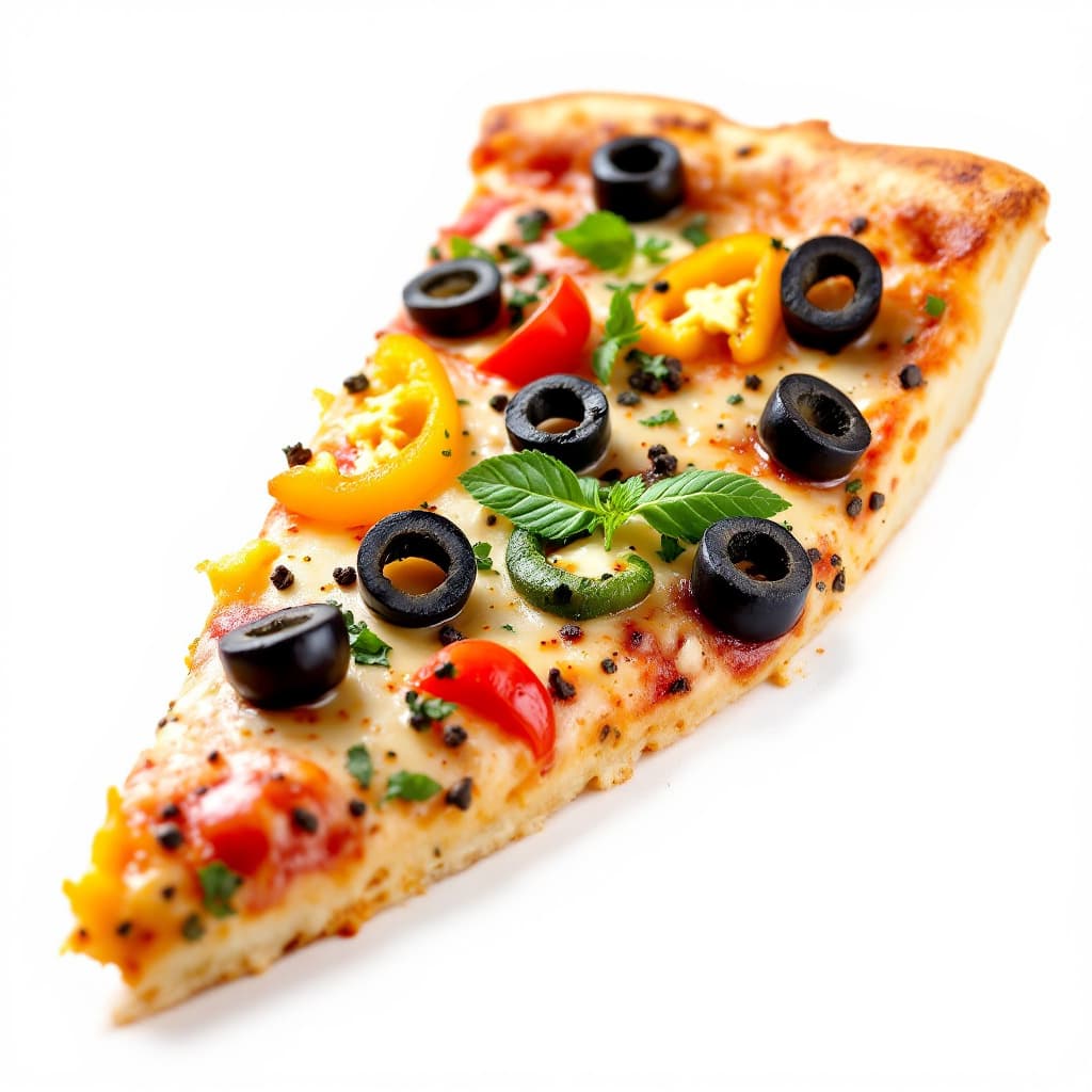 AI generated: Pizza slice, colorful toppings, black olives, bell peppers, cheese, herbs, vibrant, appetizing, clos...