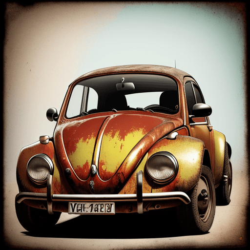 AI generated: vw beetle vintage poster, in the style of rustic simplicity, gritty reportage, kombuchapunk, rusty d...
