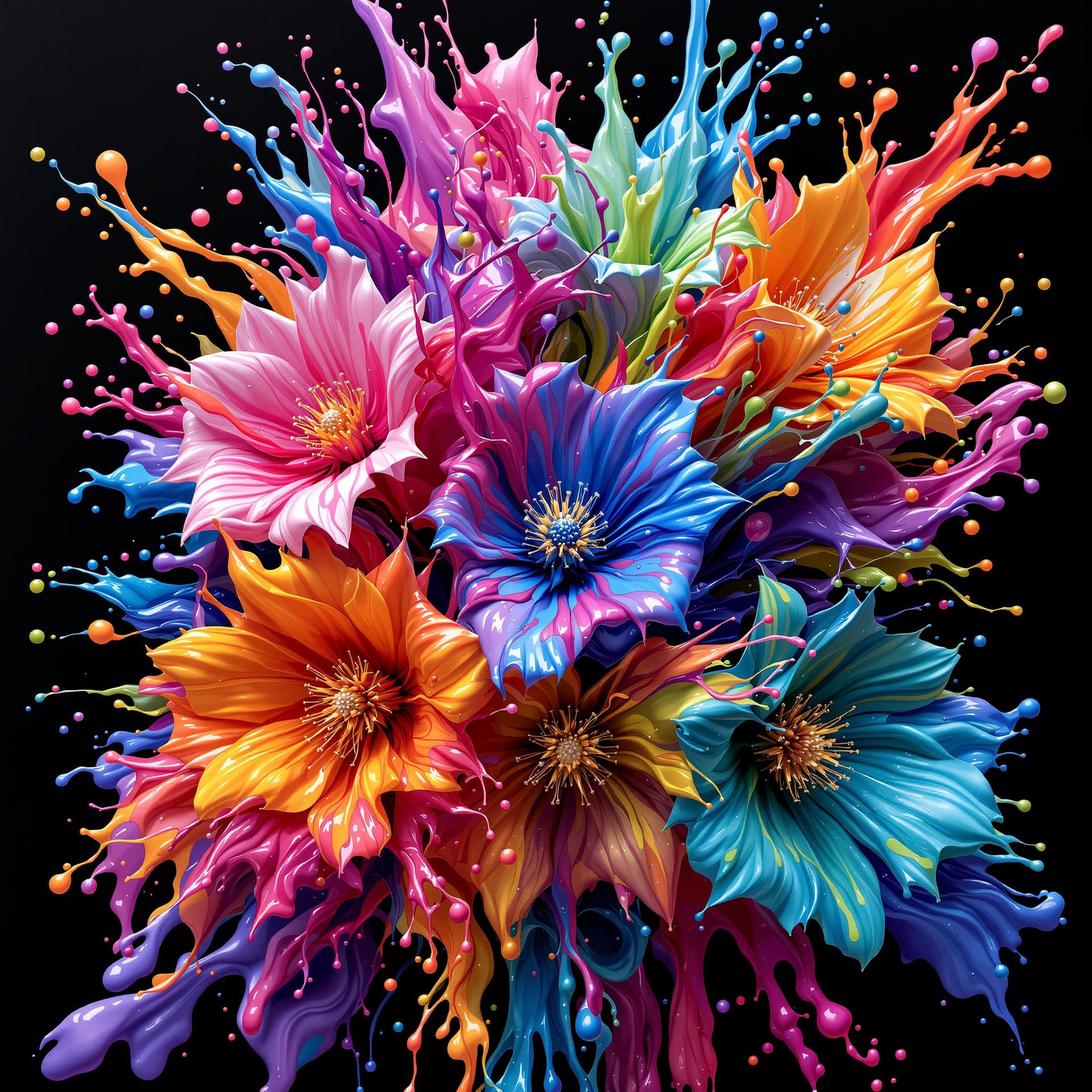AI generated: 3d flowers made of fluids liquid paint vivid and multicolored wet look joined to form an artful spec...