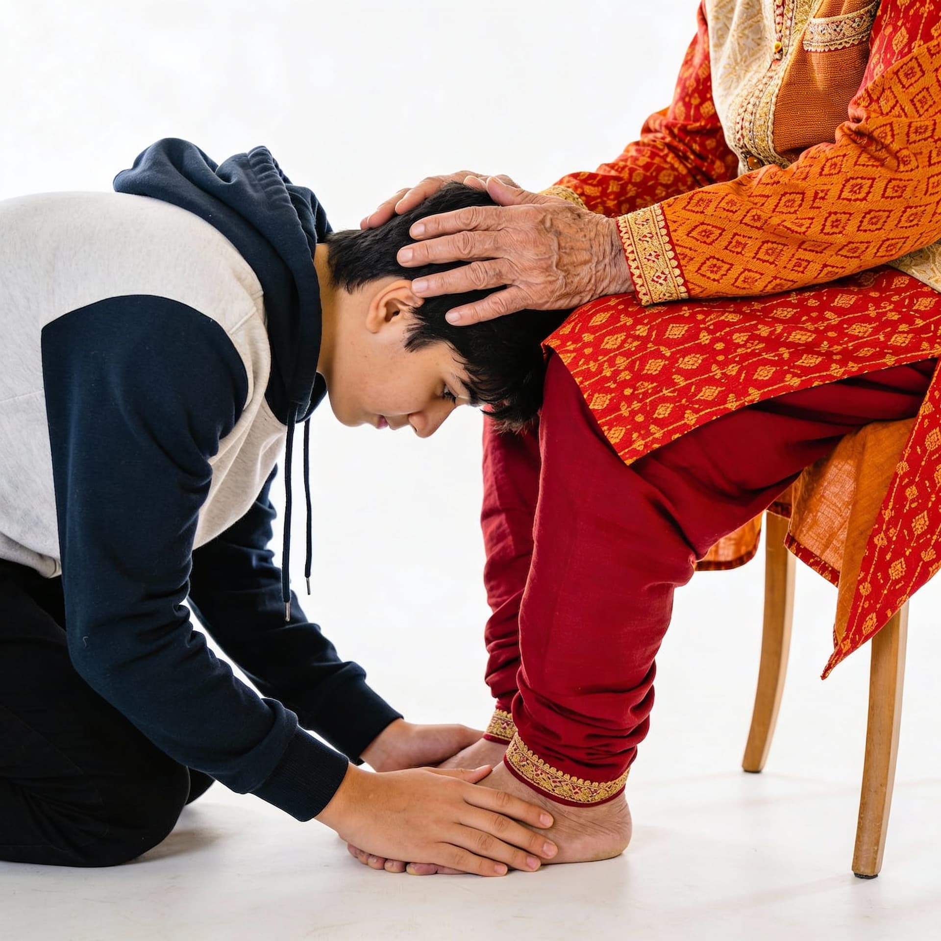 AI generated: A young person bowing down to an old man, touching his feet in a traditional gesture of respect and ...