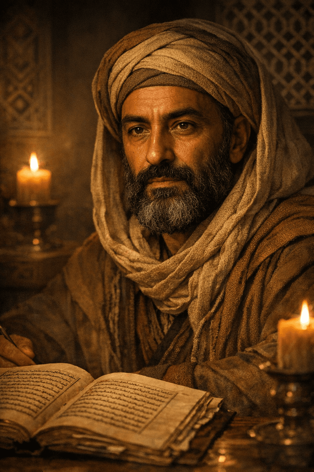 AI generated: Hyper-realistic cinematic close-up portrait of Ibn Khaldun (Ibn Jaldún), 14th-century Arab historian...