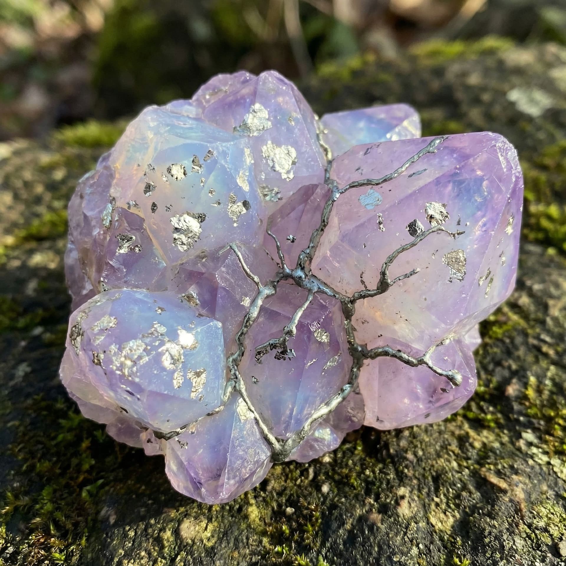 AI generated: A purple crystal with a opal shine and flakes of silver in it and veins running through it that look...