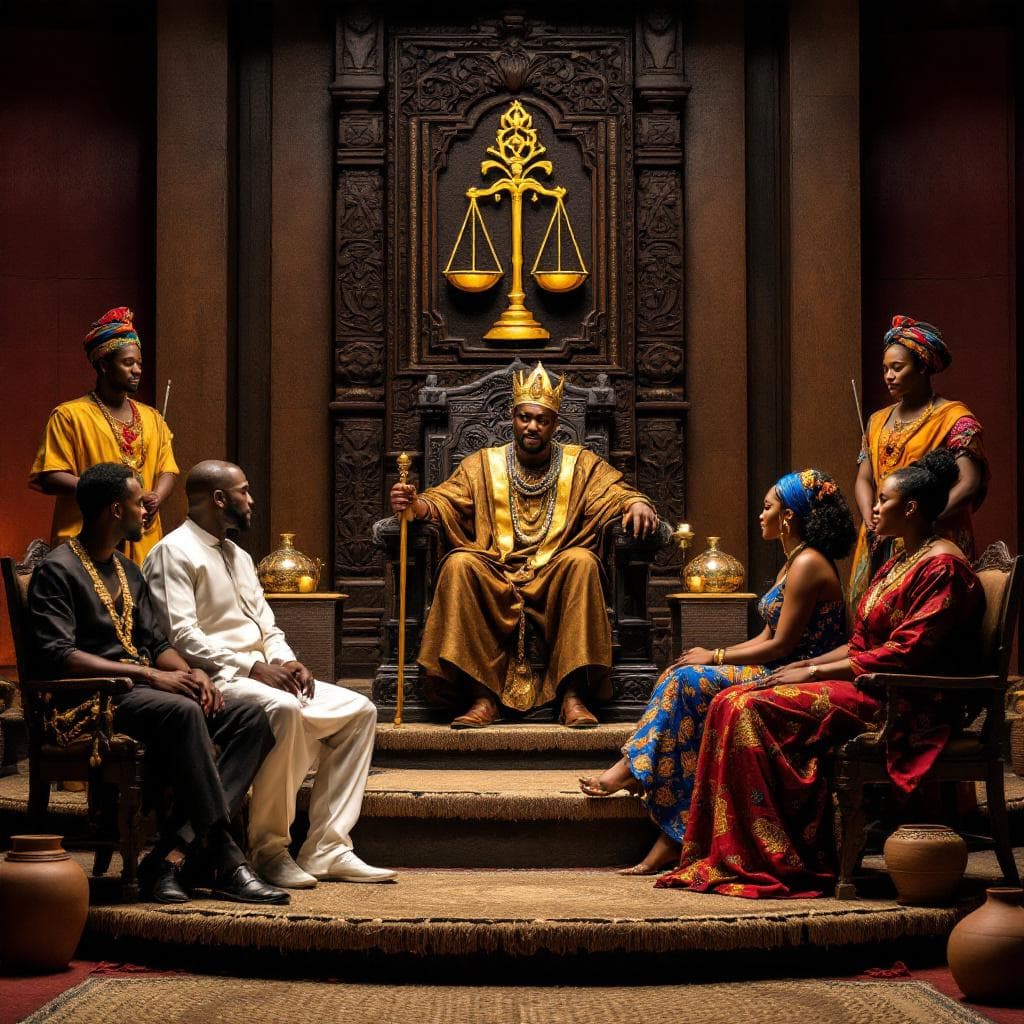 AI generated: Ultra-cinematic African couples-courtroom scene inspired by West African royal justice.
A regal chi...