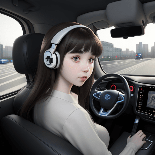 AI generated: A girl with a resemblance to IU is listening to music inside a self-driving car in a city where ever...
