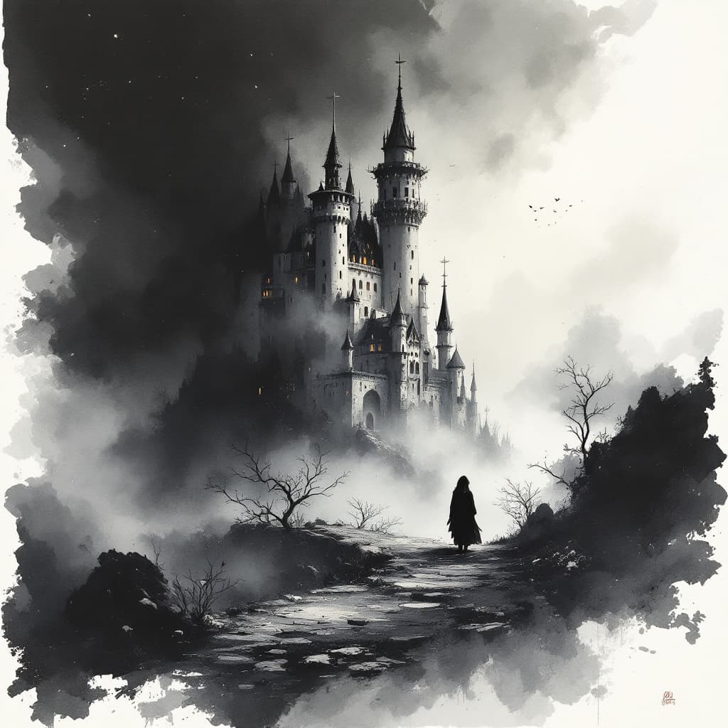 AI generated: A solitary castle portrayed as a Twilight Ink Reverie, where delicate ink washes and bold brushstrok...