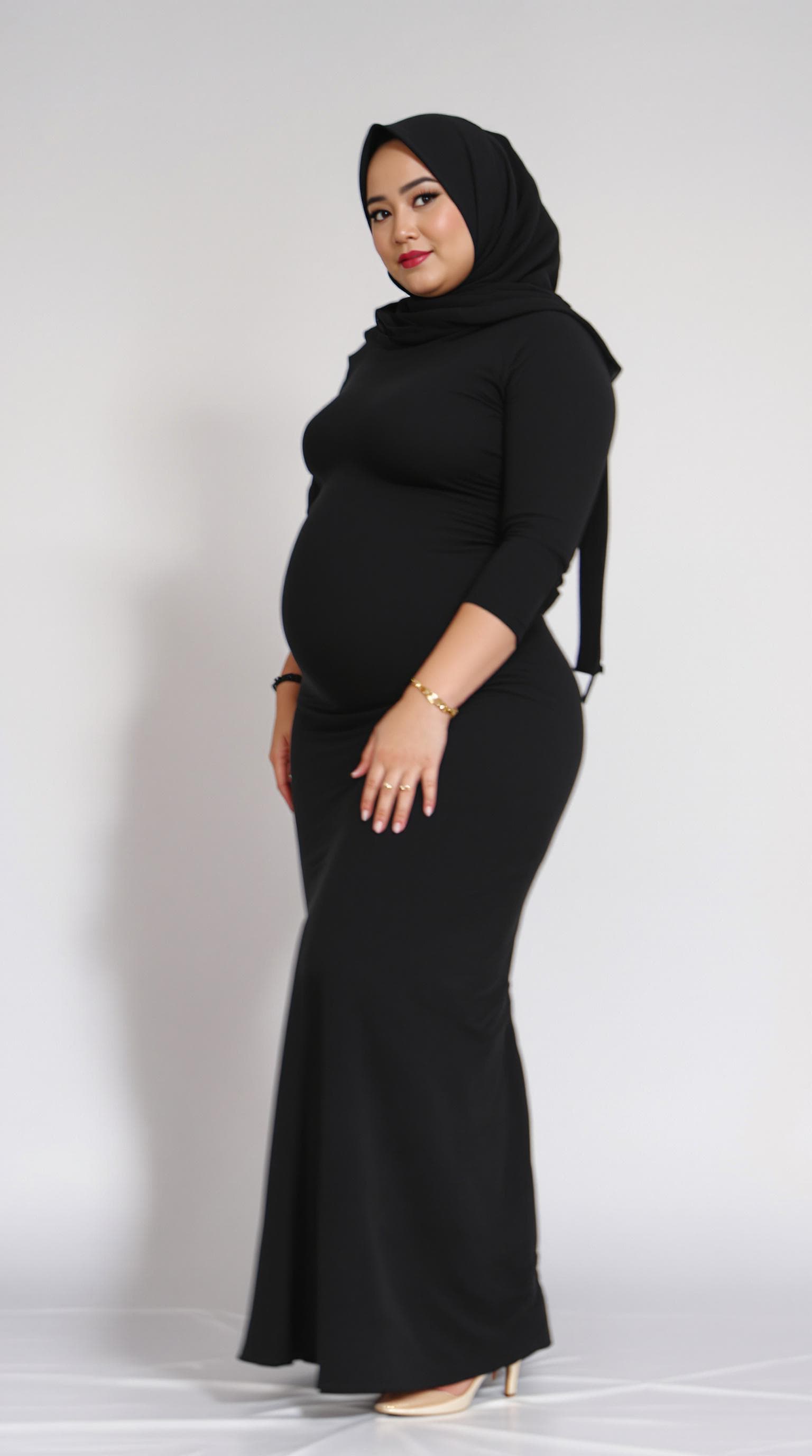AI generated: Medium shot .a thai woman with (large rump:1.6), and narrow waist, thick legs.cute face with hijab (...