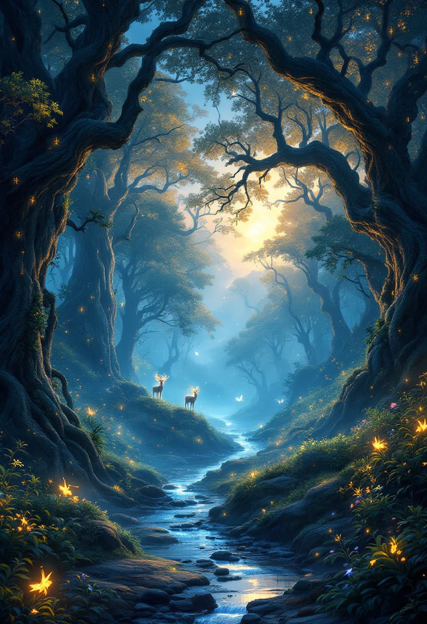 AI generated: Create a mystical fantasy forest bathed in the soft glow of twilight. Towering ancient trees with tw...