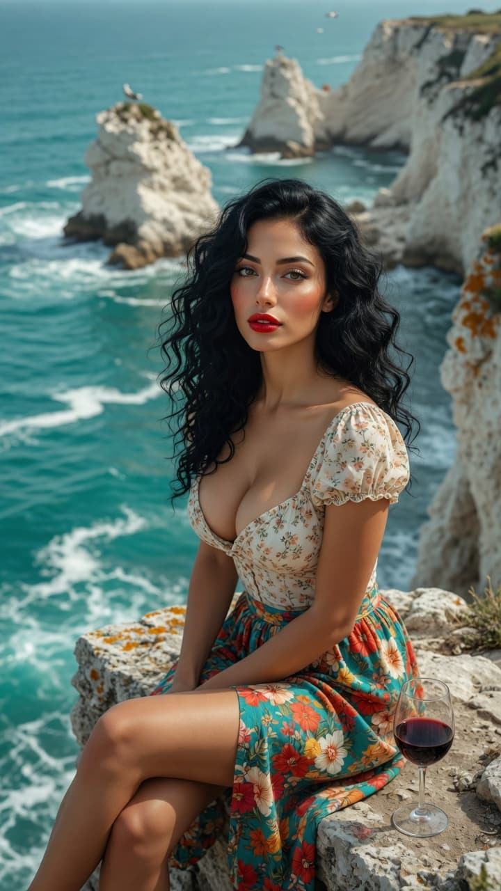 AI generated: Ultra-realistic photography of a stunning young Italian woman with long, voluminous jet-black wavy h...