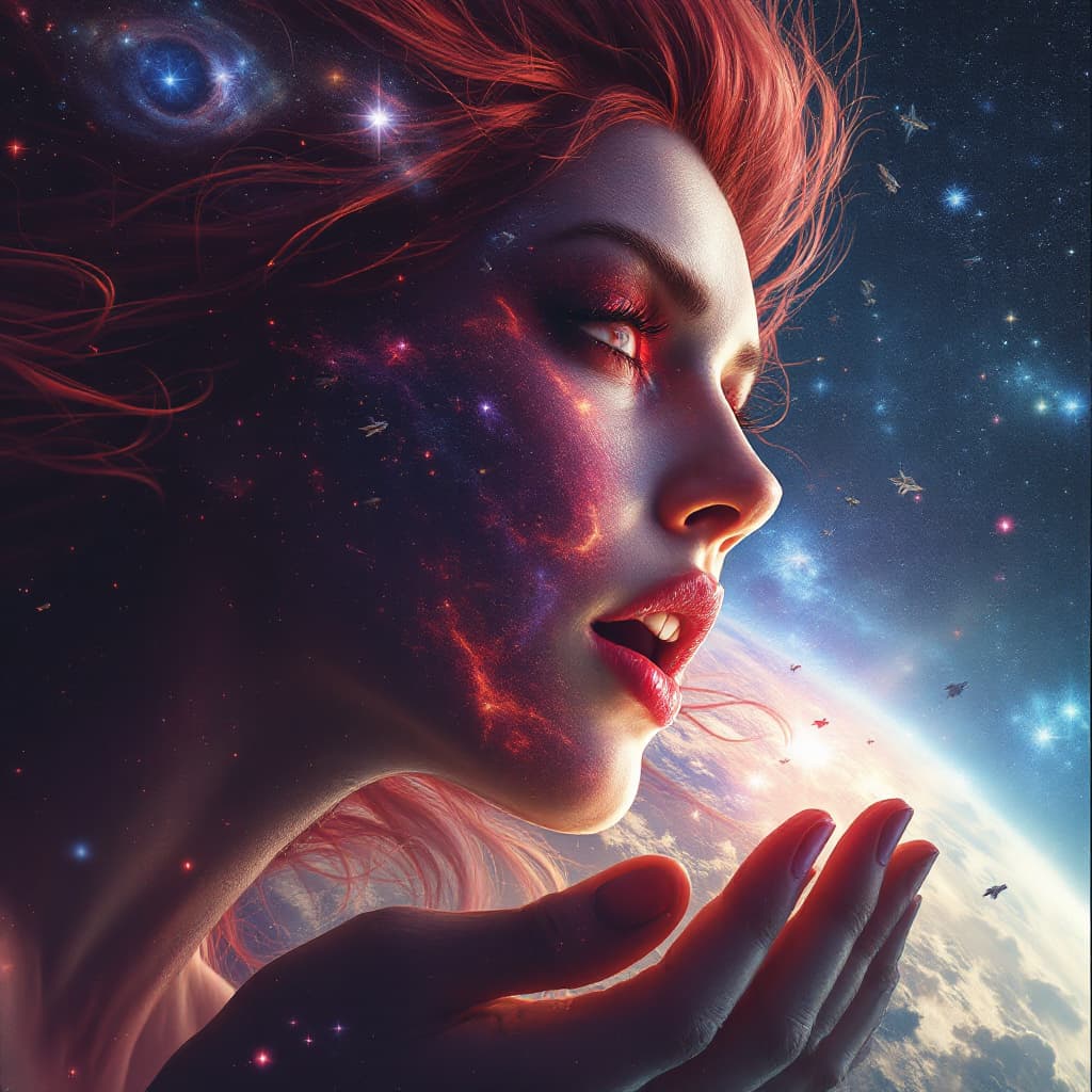 AI generated: enormous giantess elizabeth olsen scarlet witch wanda maximoff
bigger than a galaxy  floating in spa...