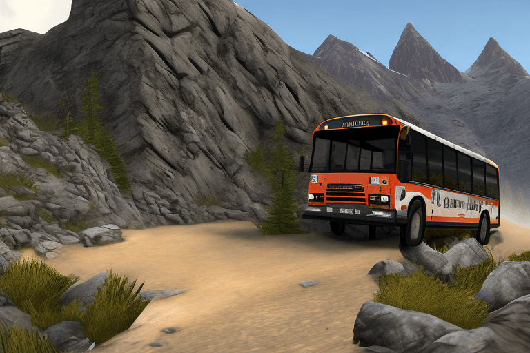 AI generated: Explore a thrilling scene in the world of a bus simulator game, where an offroad bus conquers the ch...