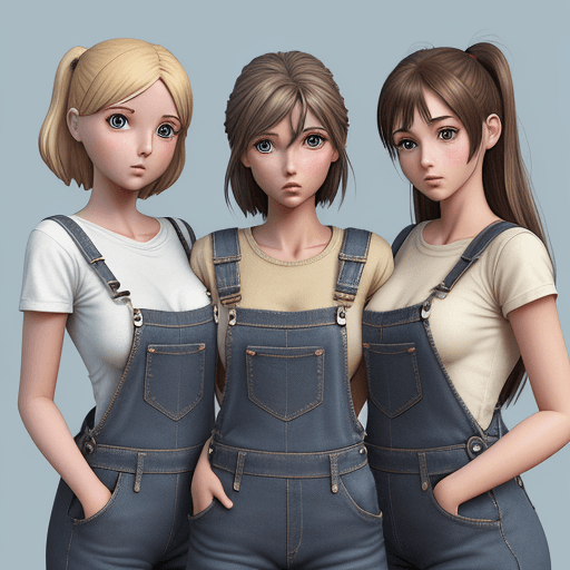 AI generated: 3 a girlS in jean overalls posing with a doll face, in the style of zbrush, anime art, realistic ren...