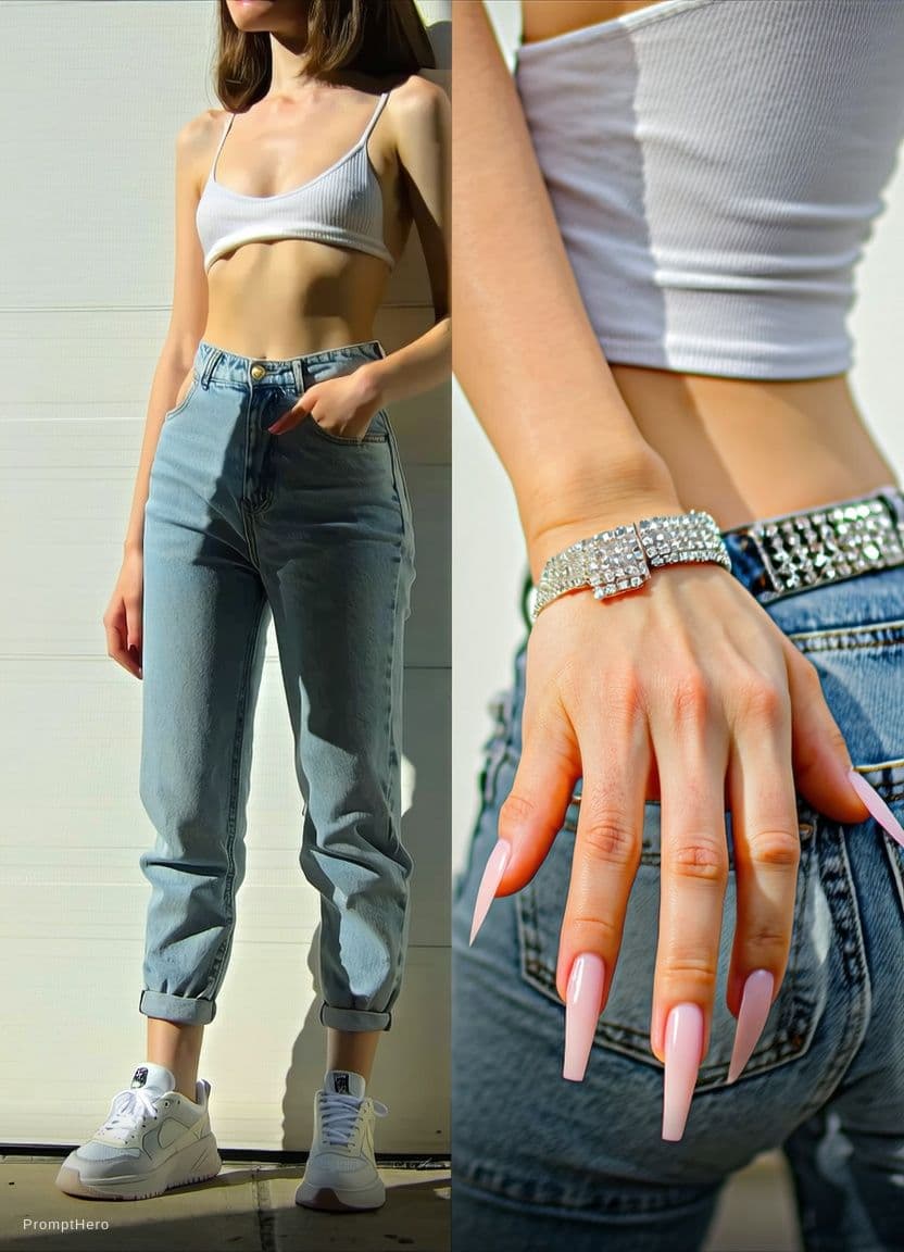 AI generated: size image,, white sneakers,soft thighs, thigt jeans pants,Garage Sleek Scoop Cami long Top Sky Blue...