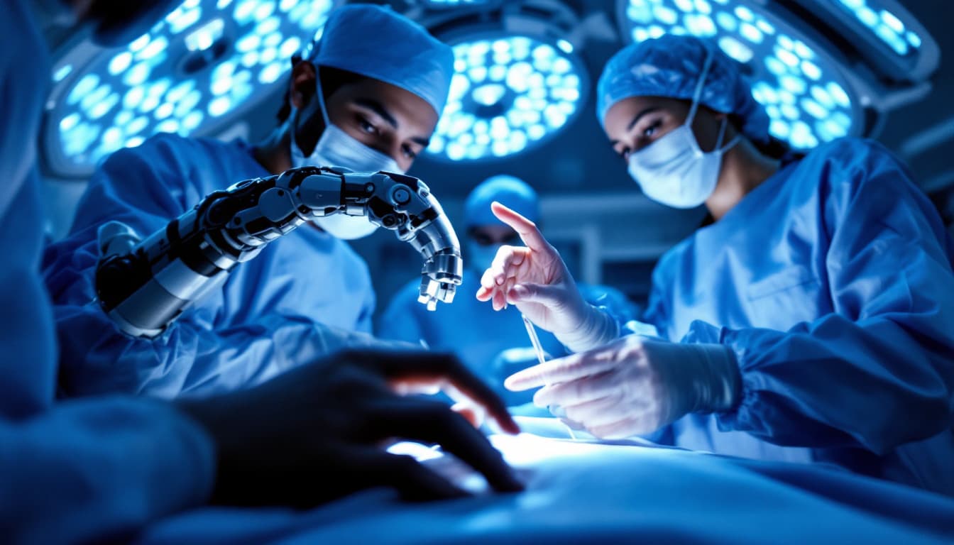 AI generated: `/imagine prompt: Surgical team in high-tech operating room, focus on hands:

South Asian surgeon's ...