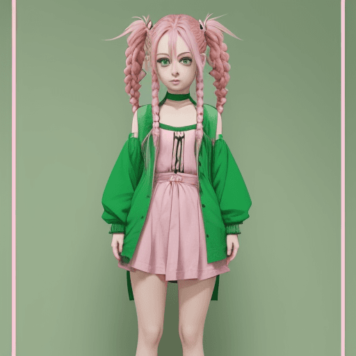 AI generated:  pink hair  girl anime stile braids whole body in frame green hair on top green below