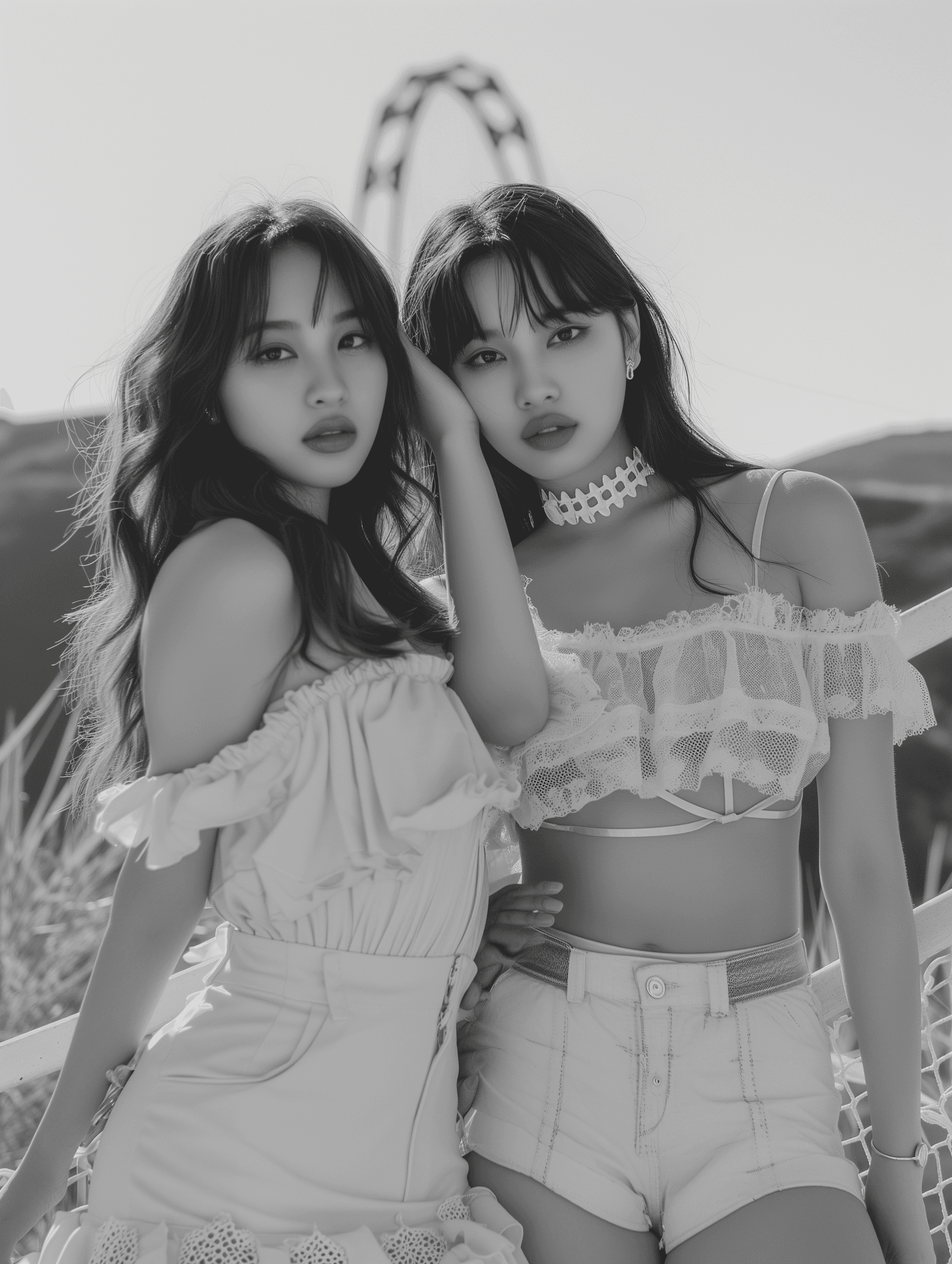 AI generated: two asian women posing in a white, in the style of bunnycore, soft and rounded forms, warmcore, pool...