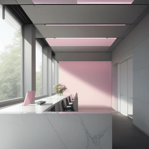 AI generated: architectural photography, perspective, interior space, vertical light panels transition from pink t...