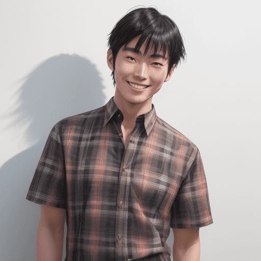 AI generated: A half Body Photo of aJapanese man in his 20s, black hair, smiling, short asymmetrical haircut, natu...
