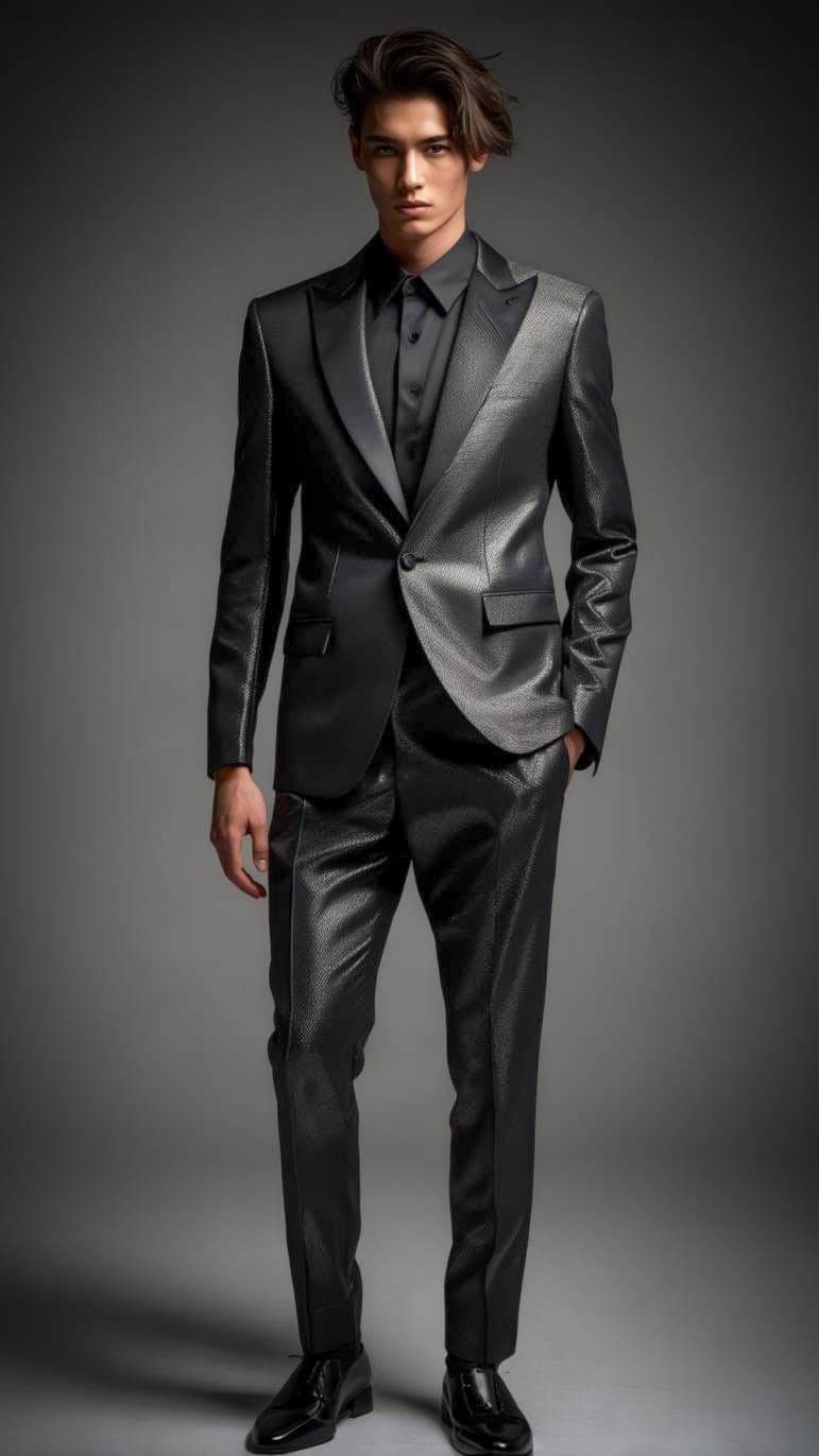 AI generated: Generate a luxury fashion image of a male model wearing a fitted leather jacket paired with tailored...