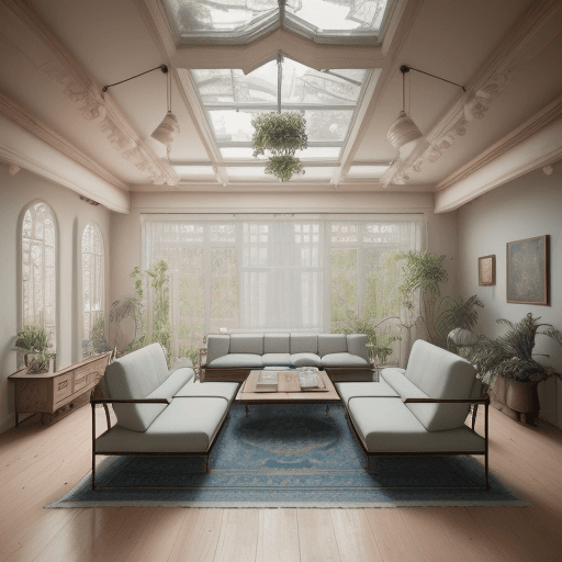 AI generated: High resolution photography interior design, dreamy sunken living room conversation pit, wooden floo...