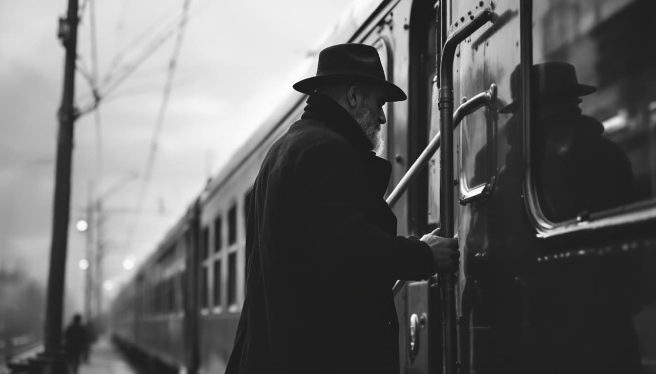 AI generated:  high definition black n white - camera shot from side angle - man in black coat and hat stepping do...