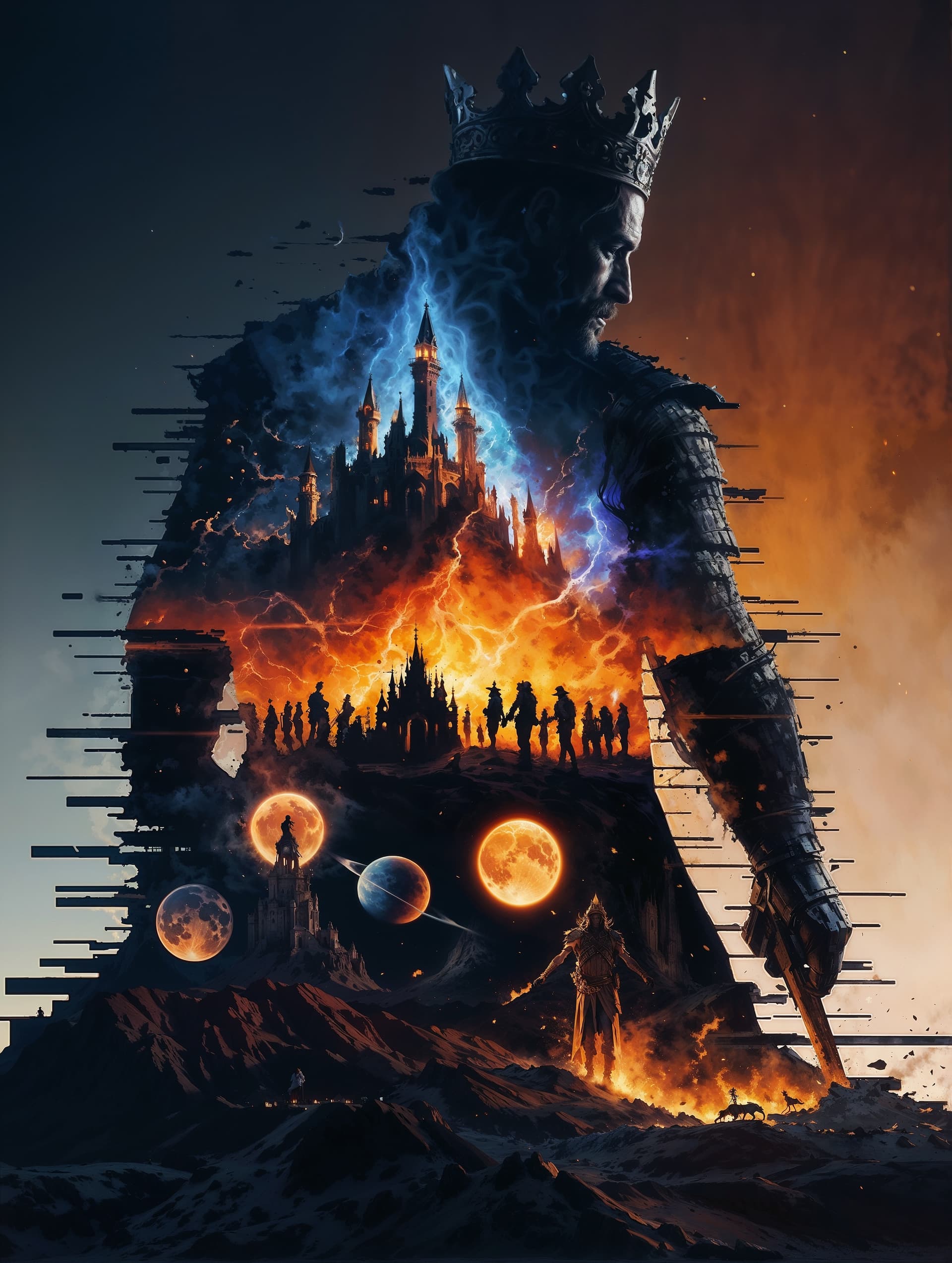 AI generated: A breathtaking double exposure illustration featuring a sinister silhouette of a corrupt king with a...